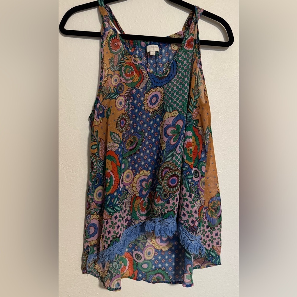 Umgee multicolored floral blouse with blue fringe on the hem size m